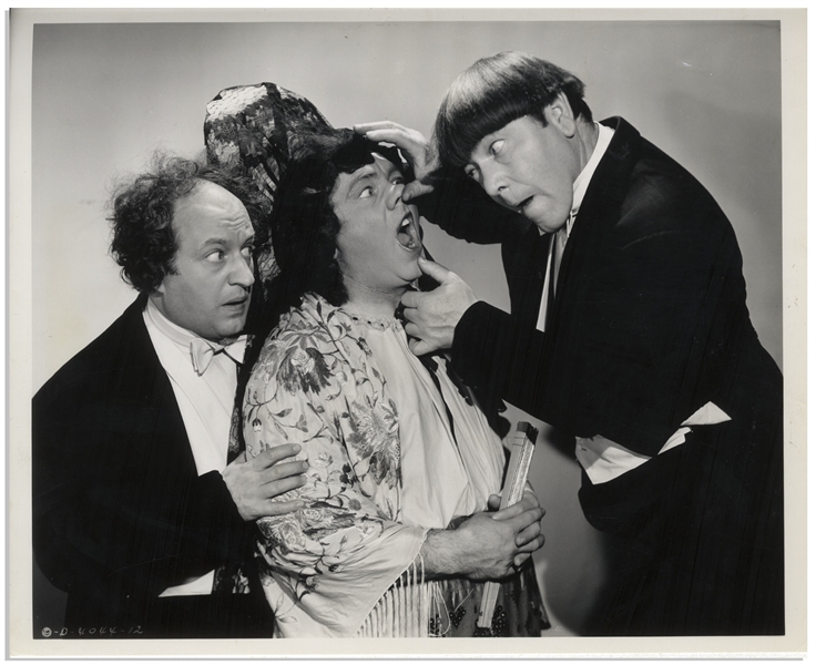 Moe Howard Personally Owned Lot of Five 10'' x 8'' Glossy Photos From the 1945 Three Stooges Films ''Booby Dupes'' & ''Micro-Phonies'' -- Very Good Plus Condition